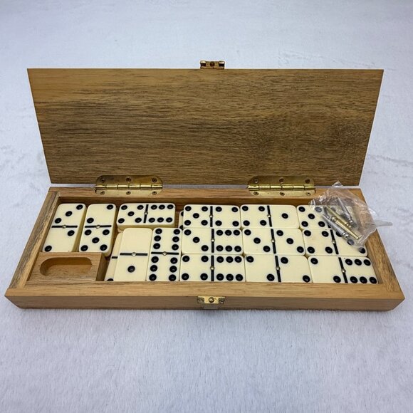 Vintage Urea Double Six Dominoes 28 Piece Set w/Cribbage Board & Wood Box - Picture 2 of 11